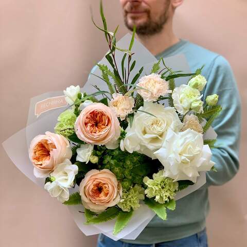 Elegant bouquet with peony roses, hydrangea and fragrant freesias «Orange blossom», Flowers: Hydrangea, Pion-shaped rose, Freesia, Eustoma, Ambrella, Dianthus, Grevillea
