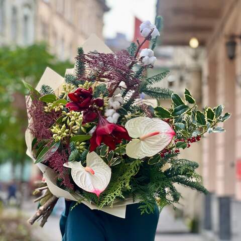 Photo of Winter bouquet with amaryllis and anthurium «Young Winter»