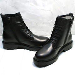 Черные осенние ботинки женские на шнуровке и молнии Misss Roy 252-01 Black Leather.