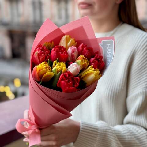 13 multi-colored peony-shaped tulips in a bouquet «Colorful Moments», Flowers: Tulip pion-shaped, 13 pcs.