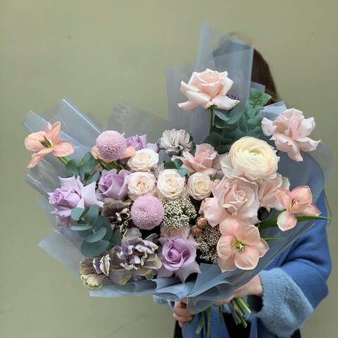 Bouquet «Morning in Paris», Flowers: Rose, Tulip pion-shaped, Dianthus, Bush Rose, Eucalyptus, Ozothamnus, Chrysanthemum