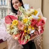Photo of Fantastic bouquet with anthurium and peony roses «Bright greeting»