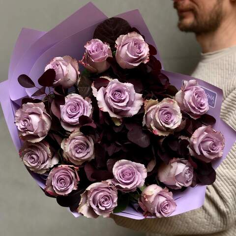 Sophisticated mystical bouquet «Lavender Night», Flowers: Cotinus, Rose of Grey Knights variety - 15 pcs.