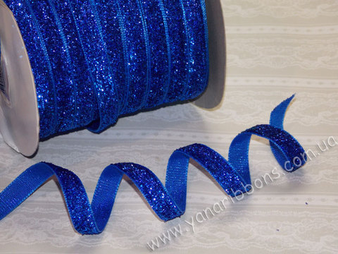 Лента бархатная люрексовая синяя ширина 1 см