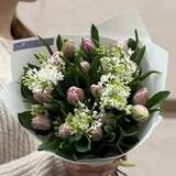 Photo of Katinka peony shaped tulips and lilac in a bouquet «Fragrant Miracle»