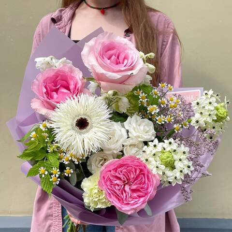 Bouquet «Pink Vyshyvanka», Flowers: Gerbera, Pion-shaped rose, Ornithogalum, Tanacetum, Delphinium