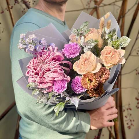 Pastel bouquet with Vienna chrysanthemum «Lviv Autumn», Flowers: Eustoma, Delphinium, Bush Rose of Notre Dame variety, Lagurus, Dianthus, Rubus Idaeus, Chrysanthemum of Vienna variety