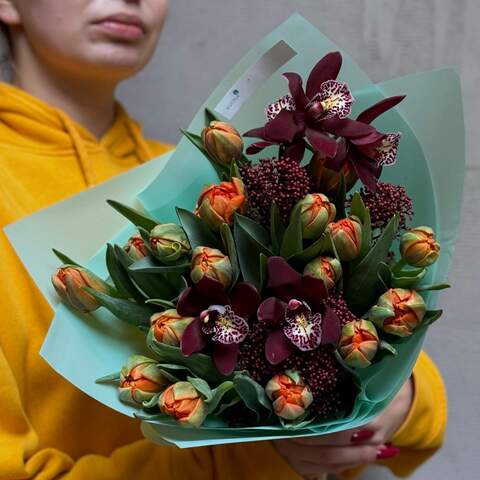 Photo of Interesting bouquet with tulips and cymbidium «Autumn Flower»