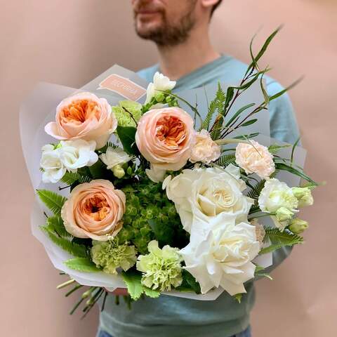 Photo of Elegant bouquet with peony roses, hydrangea and fragrant freesias «Orange blossom»