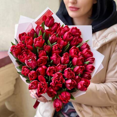 51 red peony-shaped tulips in a bouquet «Bright candies», Flowers: Tulip pion-shaped, 51 pcs.