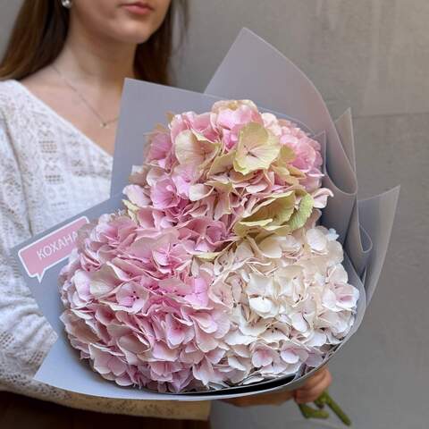 3 delicate hydrangeas in a bouquet «Pink Memories», Flowers: Hydrangea, 3 pcs.