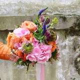 Photo of Colorful bouquet with Caroluna roses, blue veronica and gently pink hydrangea
