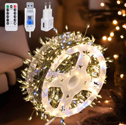 Гирлянда мишура «Роса», 50м, с пультом, 1500 LED, от USB и сети 220V, 8 режимов, Теплый Белый с Flash