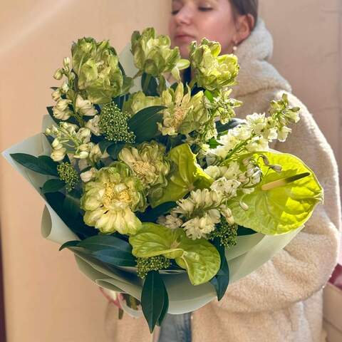 Green bouquet of peony roses and anthuriums «Green harvest», Flowers: Anthurium, Delphinium, Skimmia, Pion-shaped rose
