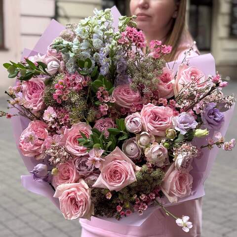 Luxurious bouquet with Pink O'Hara peony roses «Playful Venus», Flowers: Eustoma, Pion-shaped rose, Prunus, Peony Spray Rose, Daucus, Pittosporum, Genista, Delphinium, Chamelaucium