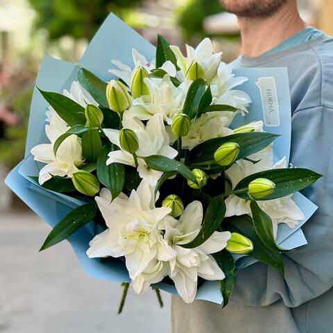 Bouquet of 5 peony-shaped lilies «Snowy Dawns», Flowers: Peony-shaped Lilium, 5 pcs.