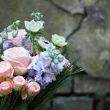 Photo of A gentle sheaf in heavenly colors with delphinium and roses