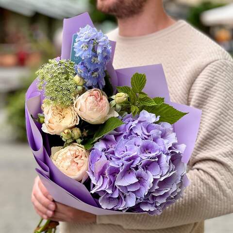 Pastel bouquet «Blueberry», Flowers: Pion-shaped rose, Delphinium, Rubus Idaeus, Ammi, Hydrangea