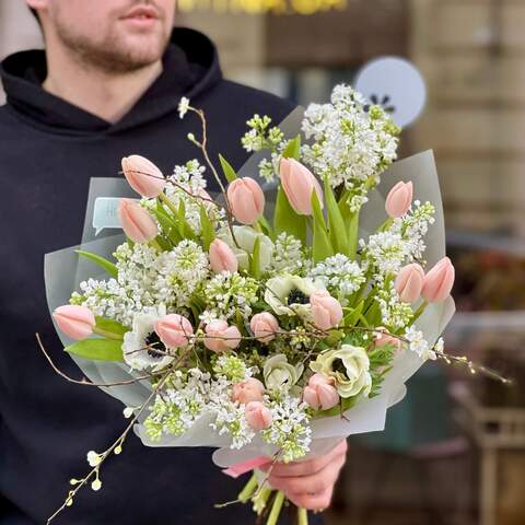 Photo of Delicate bouquet of Thijs Boots premium tulips, lilac and anemones «Spring luxury»