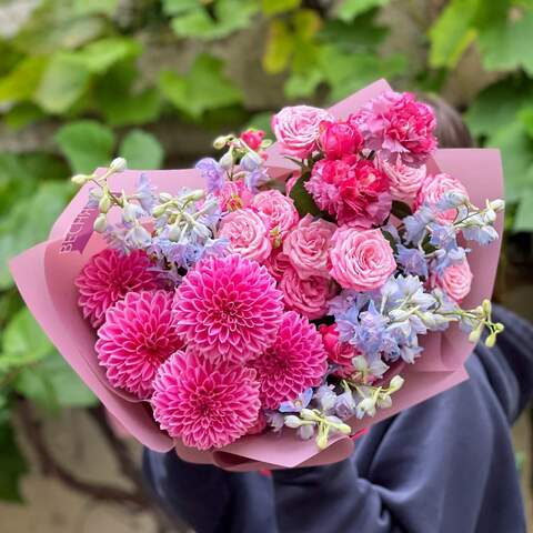Bouquet «Pink Satin», Flowers: Bush Rose, Delphinium, Dahlia, Dianthus