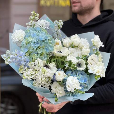 Spring fragrant bouquet in white and blue shades «Bright feelings», Flowers: Hydrangea, Anemone, Syringa, Freesia, Tulipa, Hyacinthus, Eustoma, Dianthus, Delphinium, Oxypetalum