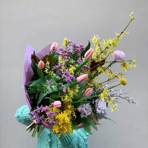 Bouquet «Spring Fireworks», Flowers: Mimosa, Forsythia, Tulipa, Dianthus, Magnolia, Genista, Chrysanthemum