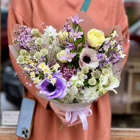 Fantastic bouquet with anemones and lilac «Mystic Oksanka», Flowers: Anemone, Syringa, Delphinium, Astrantia, Tulipa, Clematis, Genista