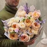 Photo of Appetizing peach bouquet of peony roses and fragrant freesia «Tender pie»