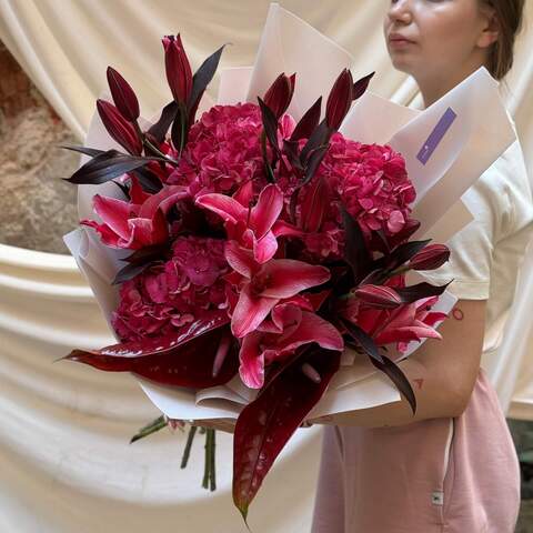 Bouquet for Angel's Day «Bright Natalie», Flowers: Lilium, Anthurium, Hydrangea