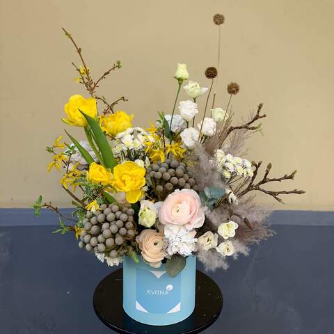Flower box «Spring moments», Flowers: Tulipa, Brunia, Ranunculus, Forsythia, Eustoma, Dianthus, Pittosporum