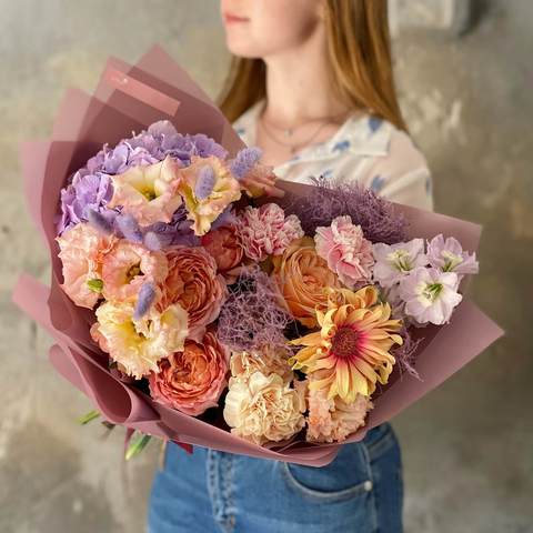 Bouquet «Dawn of feelings», Flowers: Cotinus, Hydrangea, Rose, Pion-shaped rose, Gerbera, Delphinium, Lagurus, Eustoma, Dianthus