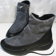 Женские зимние полусапожки Jina 7195 Leather Black-Gray