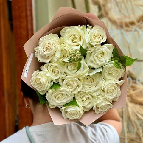 Photo of 17 peony roses in a bouquet «White Dawn»