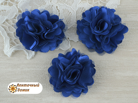 Цветы атласные с фатином синие диаметр 5 см
