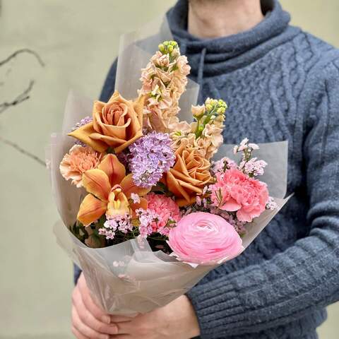 Bouquet «Foggy sky», Flowers: Rose, Chamelaucium, Dianthus, Syringa, Cymbidium
