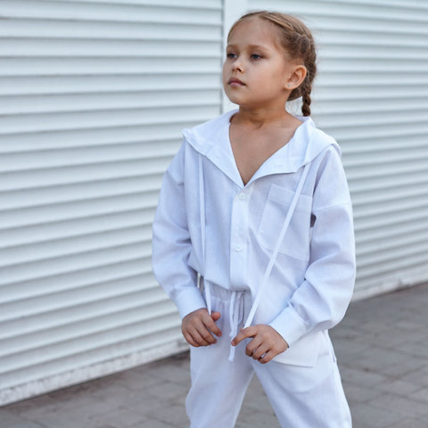 Детский костюм со льна для девочек в белом цвете