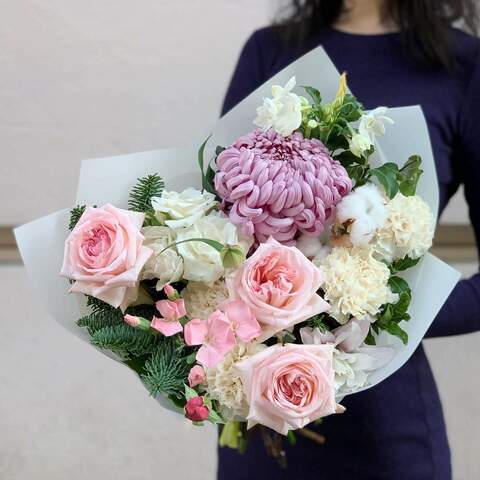 Bouquet «Pink silence», Flowers: Pion-shaped rose, Chrysanthemum, Narcissus, Pittosporum, Dianthus, Bush Rose, Nobilis, Lilium