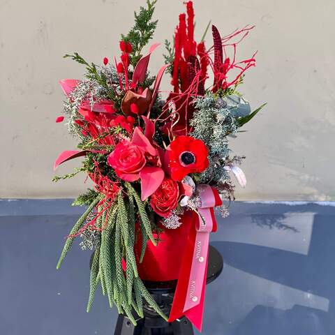 Exquisite red composition with peony roses and anemones «Inspiring Tetyana», Flowers: Pion-shaped rose, Anemone, Skimmia, Araucaria, Thuja, Берк, Cupressus, Phalaris
