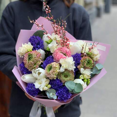 Bouquet «Spring», Flowers: Ranunculus, Tulipa, Genista, Hyacinthus, Freesia, Eucalyptus
