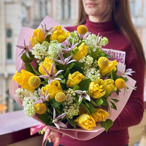 Shining spring bouquet with lilac, tulips and clematis «Stars in Spring», Flowers: Craspedia, Tulipa, Clematis, Syringa