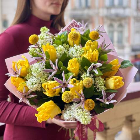 Photo of Shining spring bouquet with lilac, tulips and clematis «Stars in Spring»