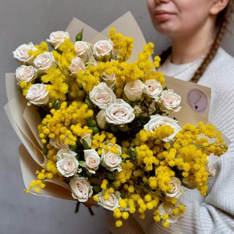 Fragrant bouquet with mimosa and Royal Porcelina spray roses «Porcelain Flowers», Flowers: Bush Rose, Mimosa