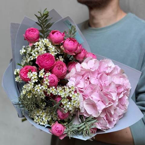 Bright bouquet «Sweet Cloud», Flowers: Hydrangea, Peony Spray Rose, Mimosa, Chamelaucium