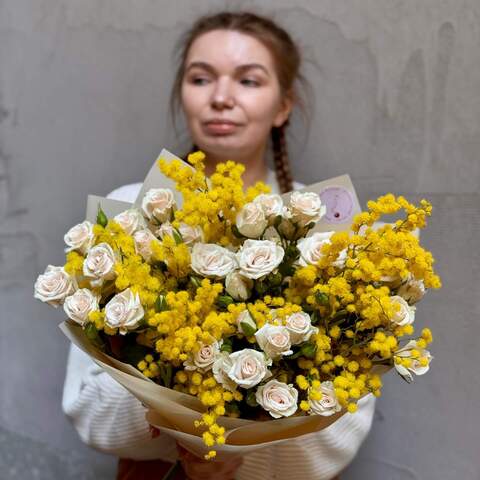 Photo of Fragrant bouquet with mimosa and Royal Porcelina spray roses «Porcelain Flowers»