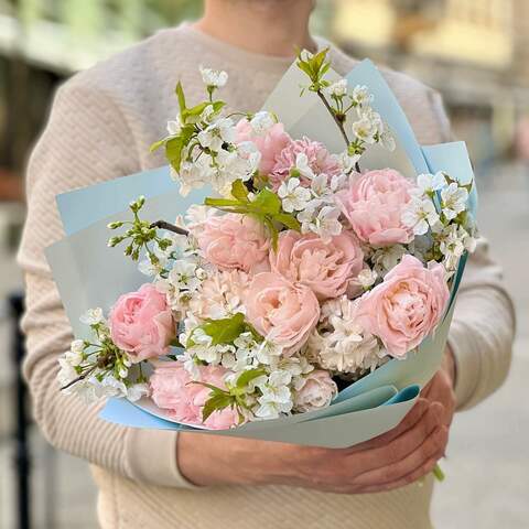 Ніжний букет з тюльпанами та гіацинтами «Рожевий візерунок», Квіти: Гіацинт, Тюльпан, Цвіт вишні