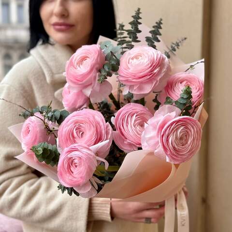 Pink bouquet of fantastic ranunculi «Romantic dreams», Flowers: Ranunculus, Eucalyptus, Prunus
