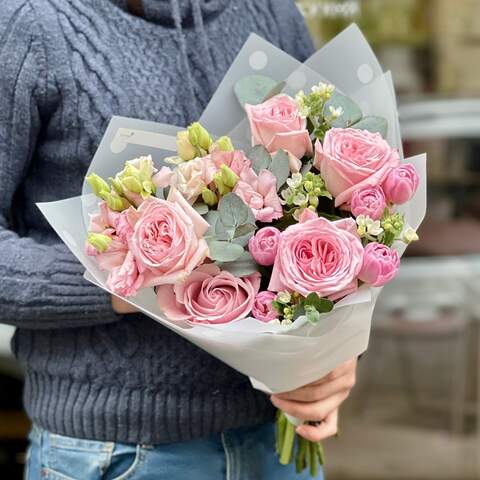 Pink bouquet with roses and eustomas «Sweet melody», Flowers: Pion-shaped rose, Eustoma, Oxypetalum, Tulipa, Eucalyptus