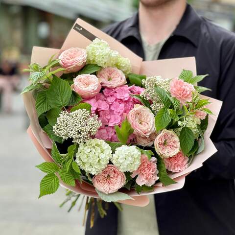 Light bouquet with peony roses «Breath of the Wind», Flowers: Viburnum, Pion-shaped rose, Hydrangea, Ozothamnus, Dianthus, Rubus Idaeus