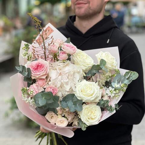 Light pink and white bouquet «Mother-of-pearl morning», Flowers: Matthiola, Eucalyptus, Astilbe, Bush Rose, Hydrangea, Pion-shaped rose, Eremurus