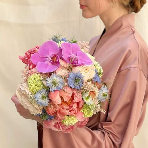 Wedding bouquet «Sakura», Flowers: Paeonia, Pion-shaped rose, Phalaenopsis, Nigella, Eucalyptus, Astilbe